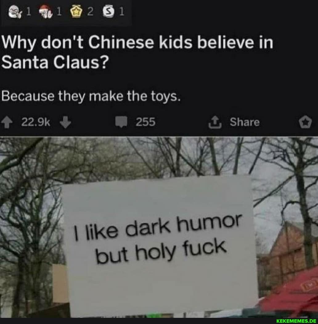 @2 61
Why don't Chinese kids believe in
Santa Claus?
Share
Because they make the toys.
255
ike dark humor
but holy fuck