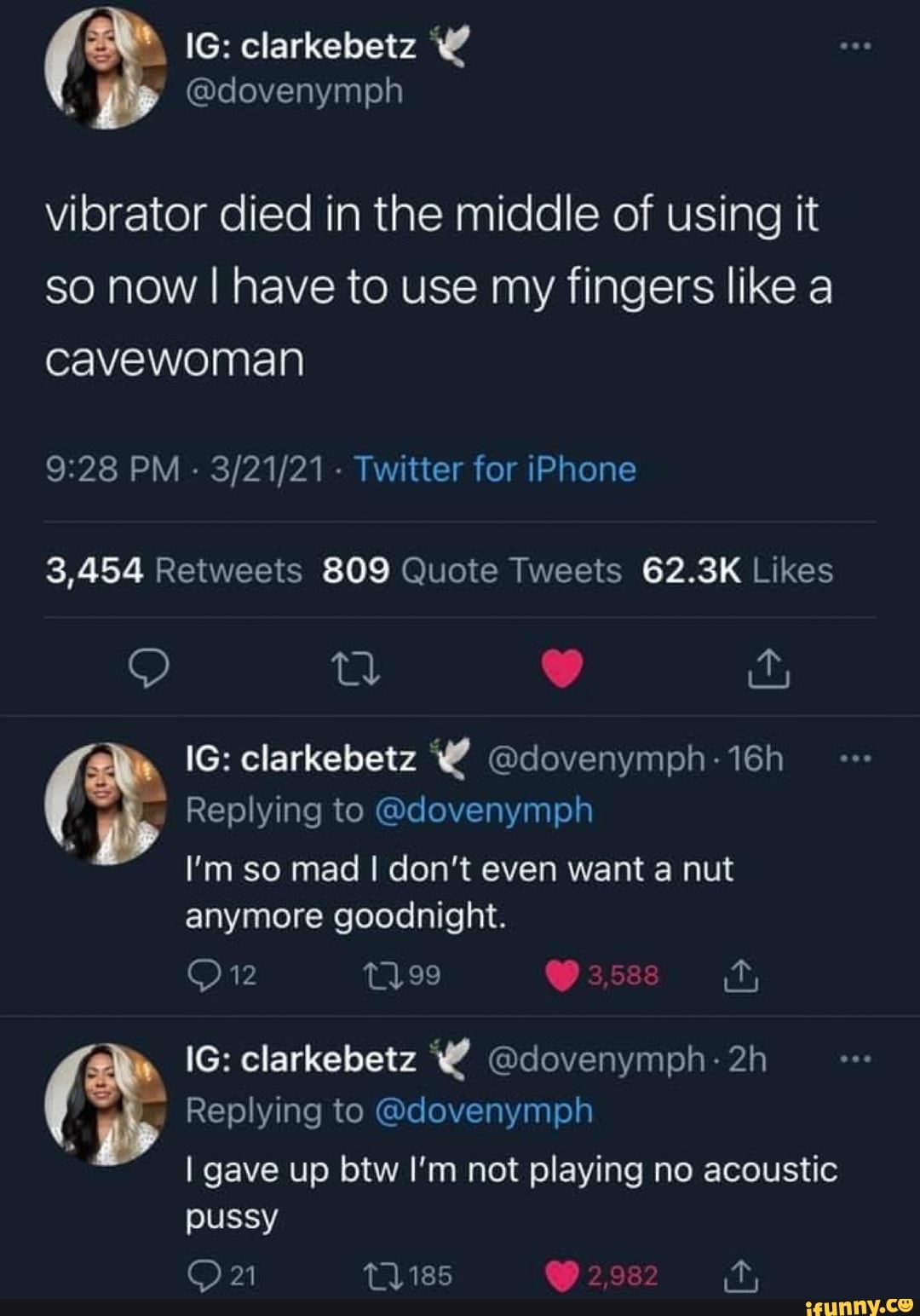 IG: clarkebetz @dovenymph vibrator died in the middle of using it so now I  have to