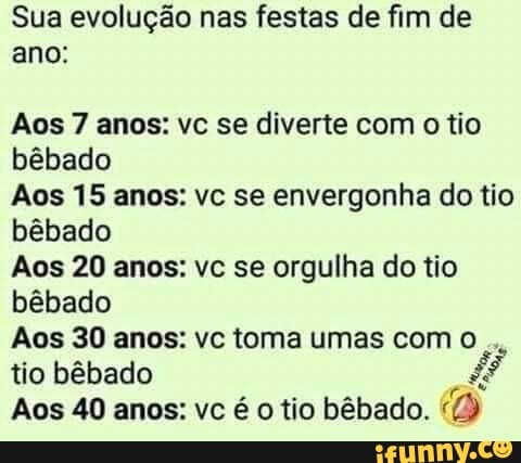 Sua evolução nas festas de fim de
ano:
Aos 7 anos: vc se diverte com o tio
bêbado
Aos 15 anos: vc se envergonha do tio
bêbado
Aos 20 anos: vc se orgulha do tio
bêbado
Aos 30 anos: vc toma umas com o...
tio bêbado Aos 40 anos: vc é o tio bêbado.