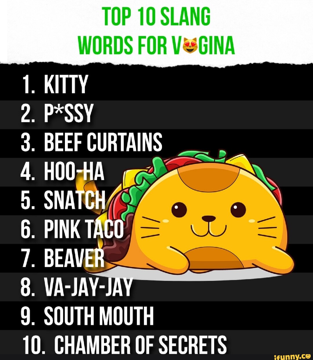 TOP 10 SLANG WORDS FOR GINA 1. KITTY 2. . BEEF CURTAINS HOOHA SNATCH