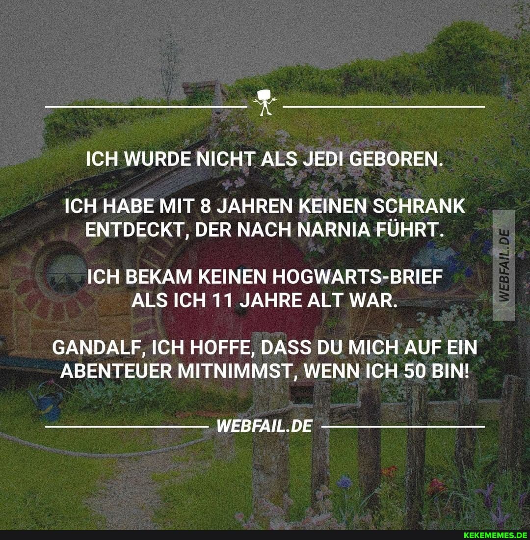 ICH WURDE NICHT ALS JEDI GEBOREN.
ICH HABE MIT 8 JAHREN KEINEN SCHRANK ENTDECKT, DER NACH NARNIA FÜHRT.
ICH BEKAM KEINEN HOGWARTS-BRIEF ALS ICH 11 JAHRE ALT WAR.
GANDALF, ICH HOFFE, DASS DU MICH AUF EIN ABENTEUER MITNIMMST, WENN ICH 50 BIN!
WEBFAIL.DE