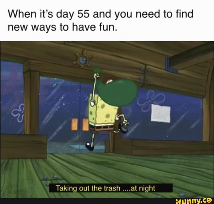 When it's day 55 and you need to find
new ways to have fun.
Taking out the trash ....at night