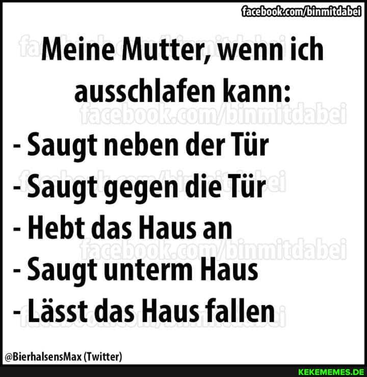 Meine Mutter, wenn ich ausschlafen kann:
- Saugt neben der Tür
- Saugt gegen die Tür
- Hebt das Haus an
- Saugt unterm Haus
- Lässt das Haus fallen