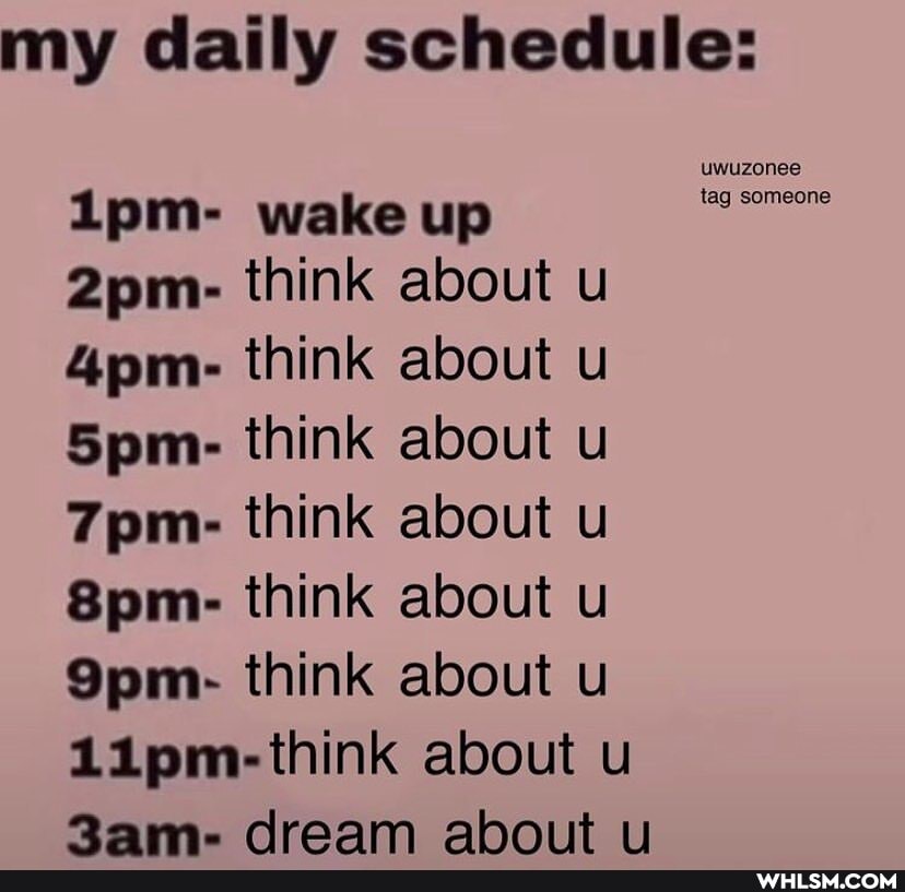 my daily schedule:
lpm- wake up think about u think about u think about u think about u think about u think about u
1ipm-think about u
Ram. draam ahoiit
uwuzonee