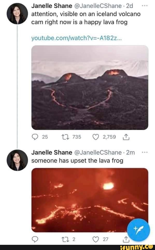 Janelle Shane @JanelleCShane attention, visible on an iceland volcano
cam right now is a happy lava frog
25
Janelle Shane @JanelleCShane someone has upset the lava frog