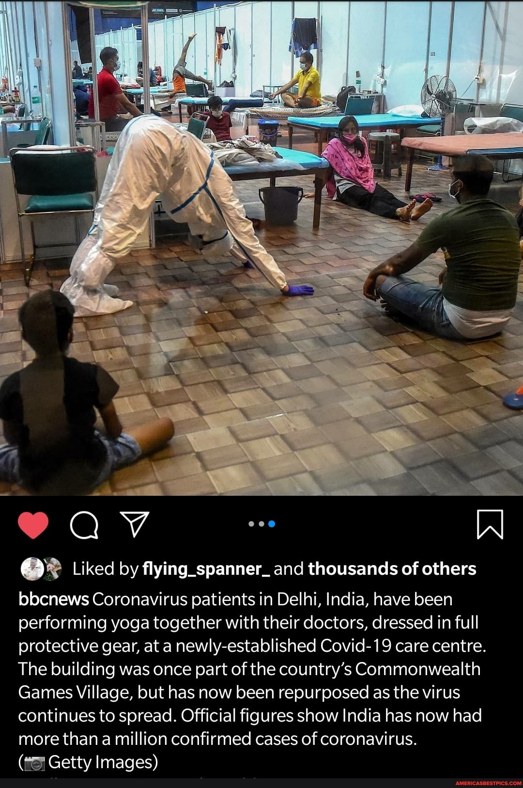 Liked by flying_spanner_ and thousands of others
bbcnews Coronavirus patients in Delhi, India, have been performing yoga together with their doctors, dressed in full protective gear, at anewly-established Covid-19 care centre.
The building was once part of the country's Commonwealth
Games Village, but has now been repurposed as the virus continues to spread. Official figures show India has now had more than a million confirmed cases of coronavirus.
Gettv Imaqes)
