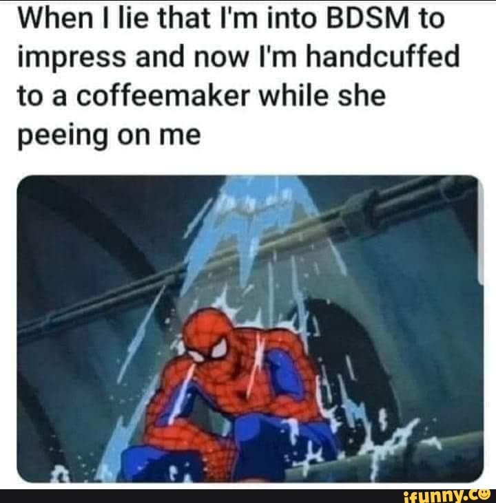 When I lie that I'm into BDSM to impress and now I'm handcuffed to a coffeemaker while she peeing on me