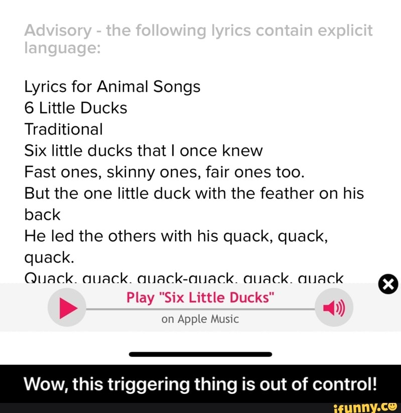 Lyrics for Animal Songs 6 Little Ducks Traditional Six little ducks that I  once knew Fast