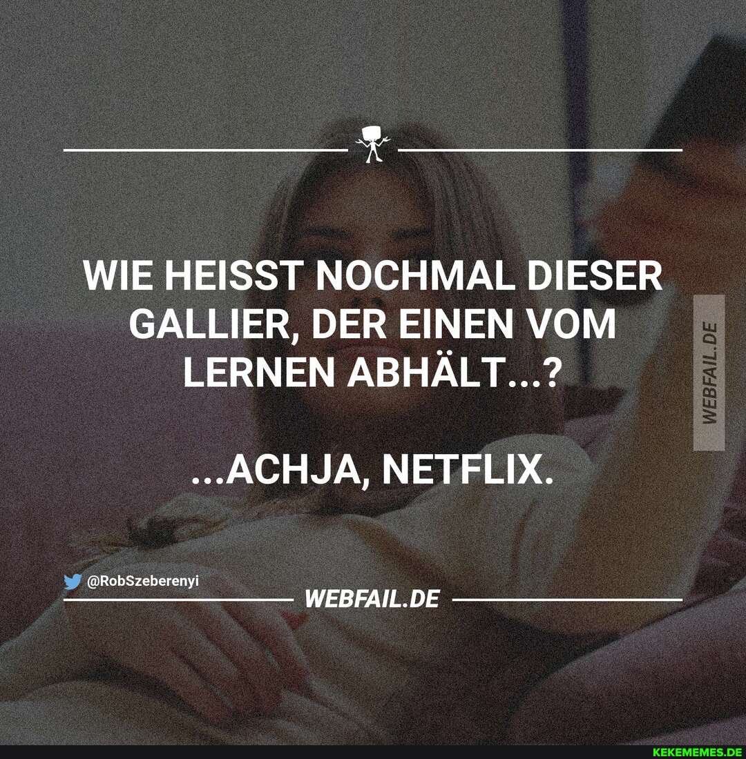 WIE HEISST NOCHMAL DIESER GALLIER, DER EINEN VOM LERNEN ABHĂLT...?
@RobSzeberenyi
""ACHJA, NETFLIX.
WEBFAIL.DE