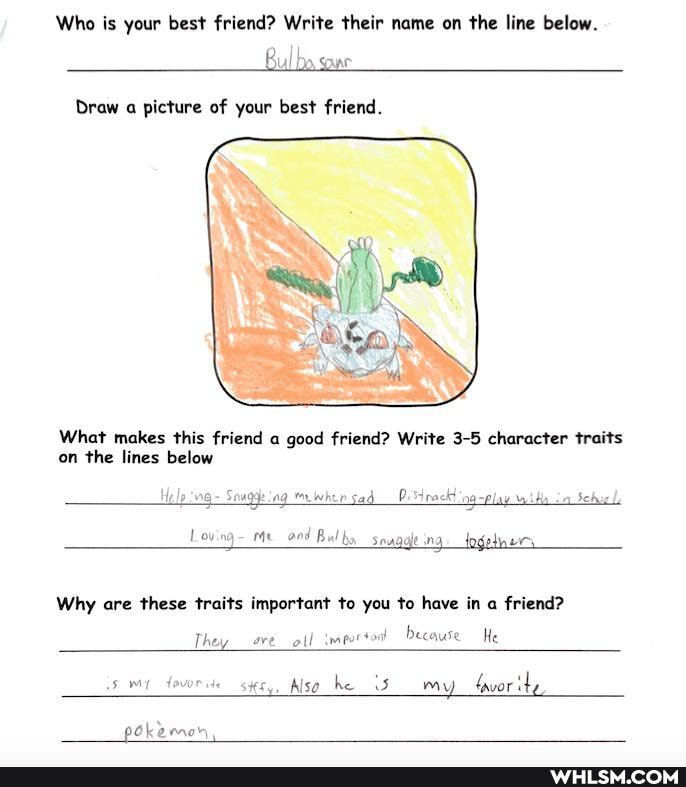 Who is your best friend? Write their name on the line below.
Bul ba sane
Draw a picture of your best friend.
What makes this friend a good friend? Write 3-5 character traits on the lines below
Help - ing Mewher sad -play
Loving me Bulbs ing. logetnurn
Why are these traits important to you to have in a friend?
They _oll importout because He
my Also he my
Pokemoy