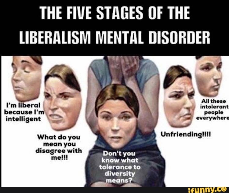 THE FIVE STAGES OF THE LIBERALISM MENTAL DISORDER I'm liberal because I'm  intelligent What do you mean you disagree with Don't you All these  everywhere Unfriending!!!! what brew tolerance to diversity - )
