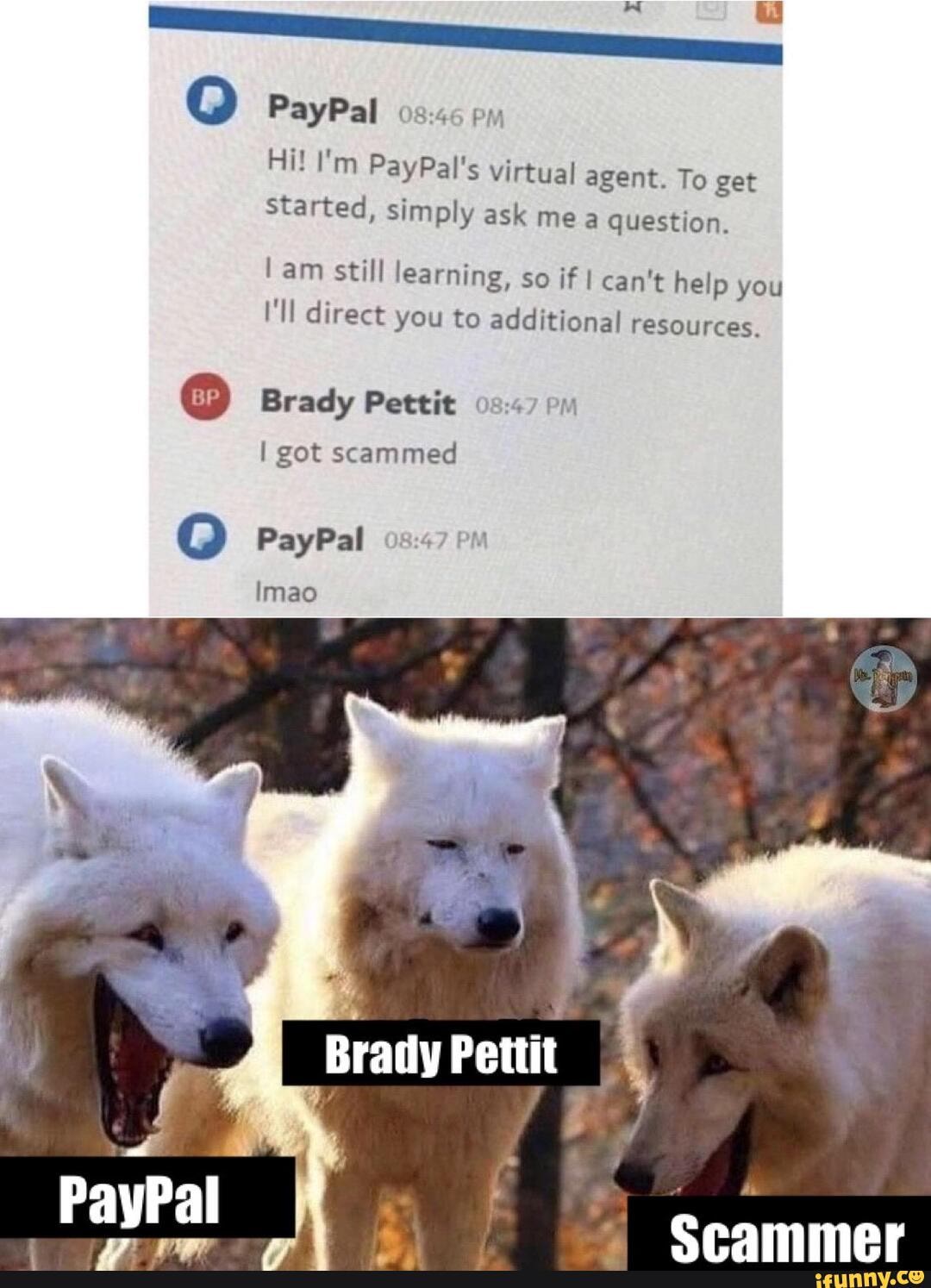 O PayPal 08:45 pm
Hi! I'm PayPal's virtual agent. To get
Started, simply ask mea question.
lam still learning, so if I can't help you
I'll direct you to additional resources.
O Brady Pettit 05:47 7
I got scammed
O PayPal