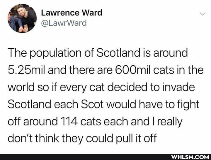 Lawrence Ward
MOE
The population of Scotland is around
5.25mil and there are GOOmil cats in the world so if every cat decided to invade
Scotland each Scot would have to fight off around 114 cats each and I really don't think they could pull it off