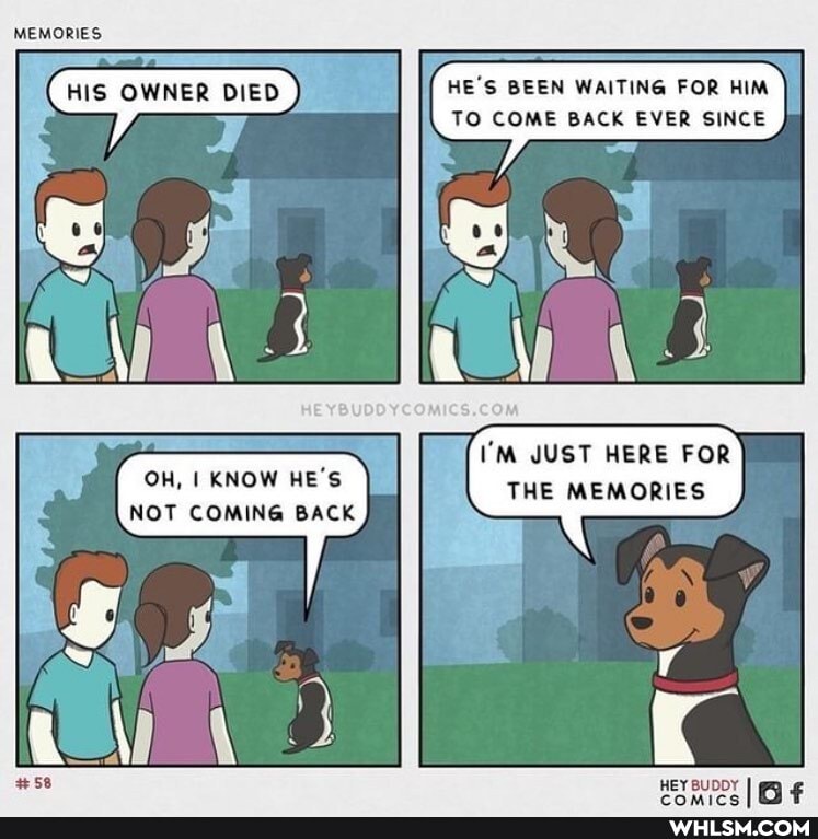 MEMORIES
HIS OWNER DIED HE'S BEEN WAITING FOR HIM )
TO COME BACK EVER SINCE
OH, I KNOW HE'S
NOT COMING BACK
I'M JUST HERE FOR THE MEMORIES
HEY BUDDY