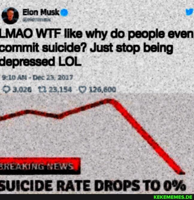 LMAO WTF like why do people even commit suicide? Just stop being depressed LOL
AM Dec 23, 2017
3,026 23,154 126,600