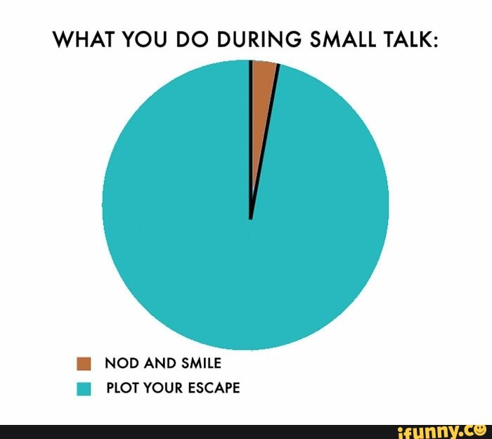 WHAT YOU DO DURING SMALL TALK:
NOD AND SMILE PLOT YOUR ESCAPE