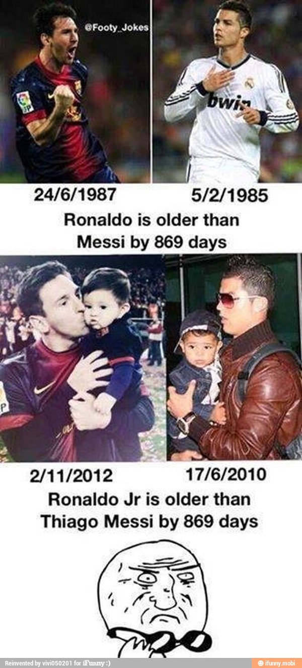 a @Footy Jokes
A
24/6/1987 5/2/1985
Ronaldo is older than
Messi by 869 days
PRE
17/6/2010
Ronaldo Jr is older than
Thiago Messi by 869 days