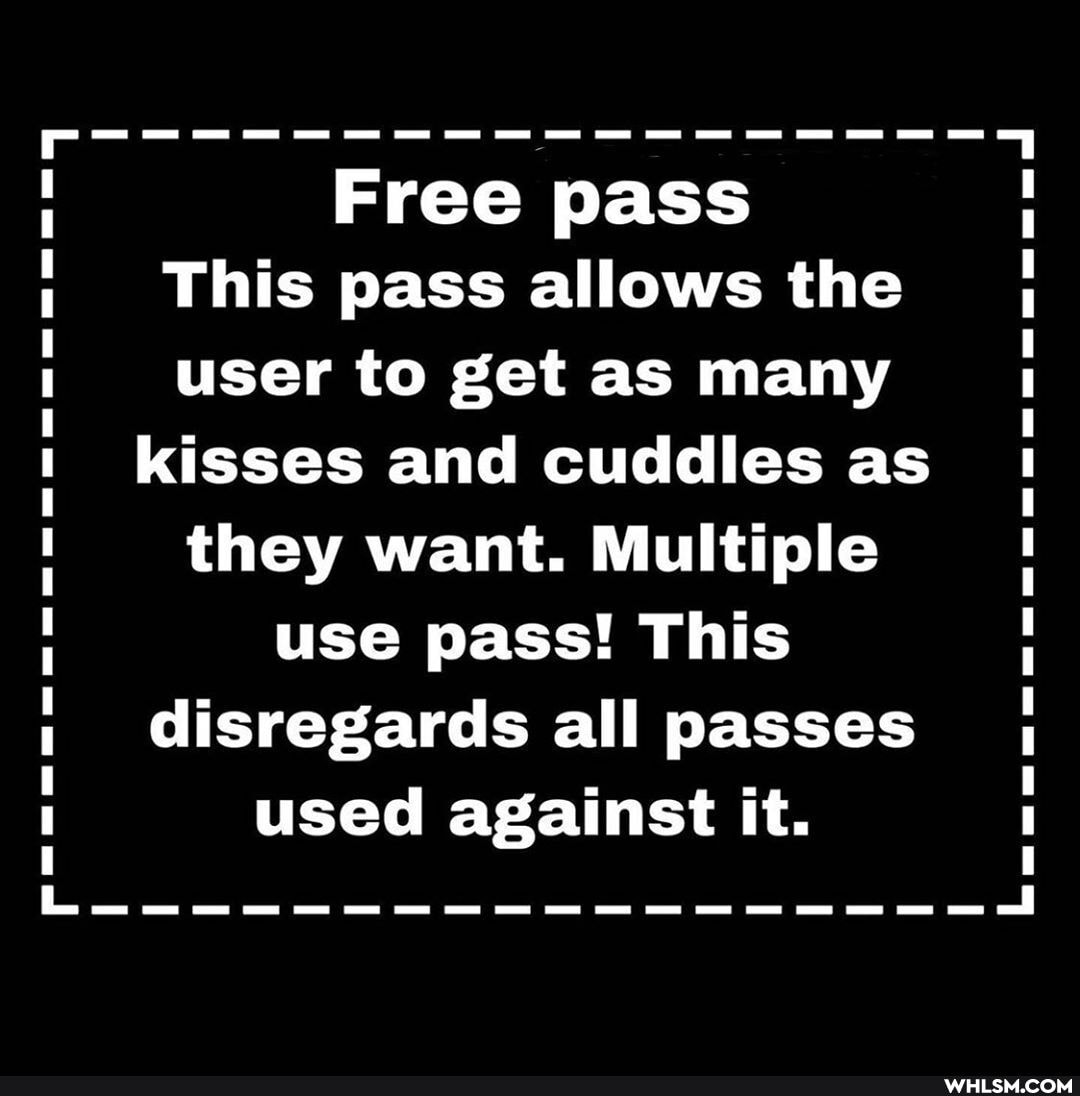 Free pass
This pass allows the user to get as many kisses and cuddles as they want. Multiple use pass! This disregards all passes used against it.