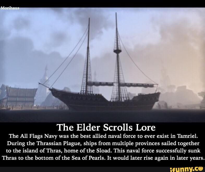 The Elder Scrolls Lore
The All Flags Navy was the best allied naval force to ever exist in Tamriel.
During the Thrassian Plague, ships from multiple provinces sailed together
to the island of Thras, home of the Sload. This naval force successfully sunk
Thras to the bottom of the Sea of Pearls. It would later rise again in later years.
