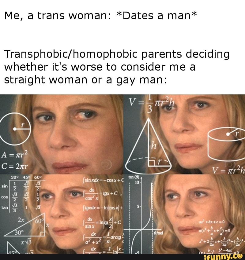 Me, a trans woman: *Dates a man* Transphobic/homophobic parents ...