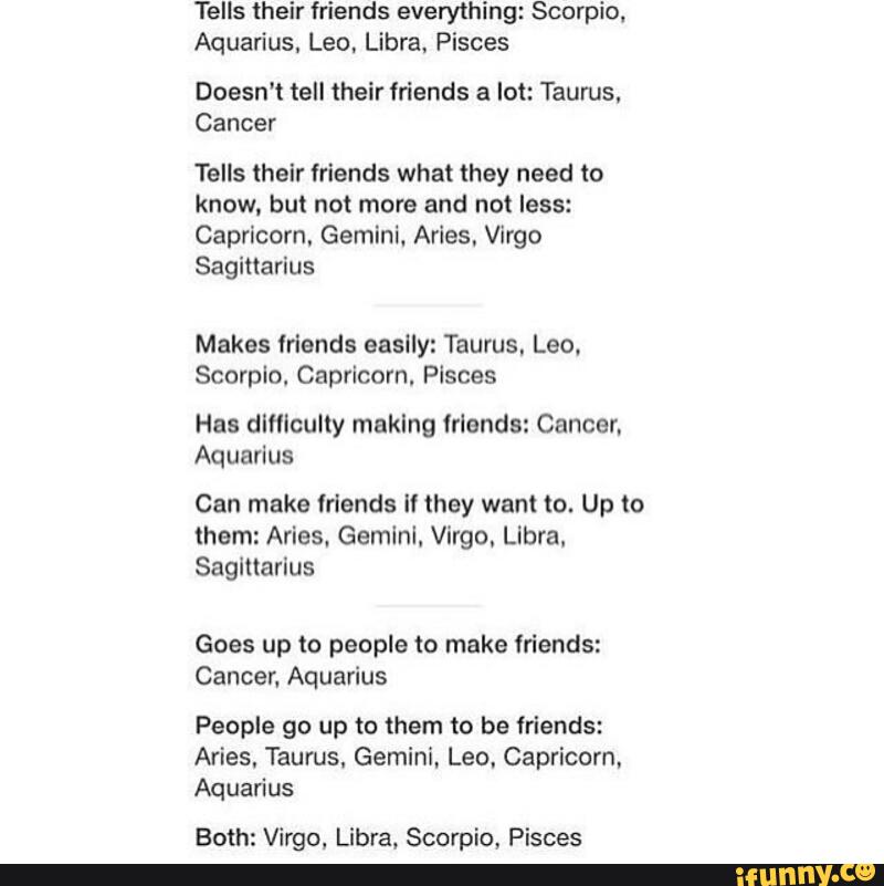 Aquarius Leo Libra Pisces Doesn T Tell Their Friends A Lot Taurus Cancer Tells Their Friends What They Need To And Less Capricorn Gemini Aries Virgo Sagittarius Makes Friends Easily Taurus Leo Has