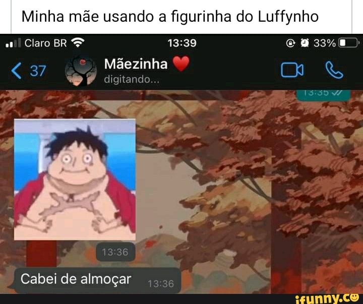 Minha mãe usando a figurinha do Luffynho
Claro BR emsna
Mãezinha
digitando
Cabei de almoçar