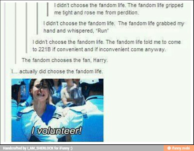 I didn't choose the fandom life. The fandom life gripped
me tight and rose me from perdition.
I didn't choose the fandom life. The fandom life grabbed my
hand and whispered, "Run"
I didn't choose the fandom life. The fandom life told me to come
to 2218 if convenient and if inconvenient come anyway.
The fandom chooses the fan, Harry.
L.. actually did choose the fandom life