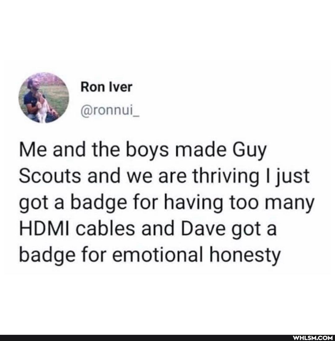 Ron lver
@ronnui_
Me and the boys made Guy
Scouts and we are thriving I just got a badge for having too many
HDMI cables and Dave got badge for emotional honesty
