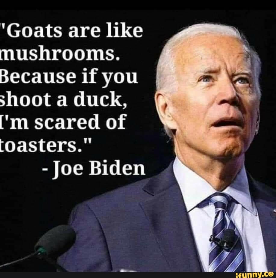 Goats are like mushrooms. Because if you shoot a duck, ['m scared of  toasters." Joe Biden - iFunny :)