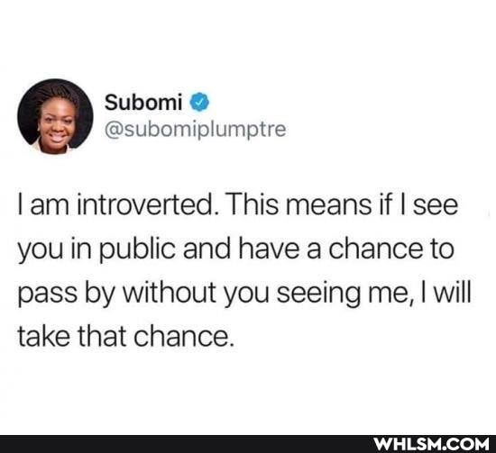 Subomi
@subomiplumetra
I am introverted. This means if I see you in public and have a chance to pass by without you seeing me, I will take that chance.