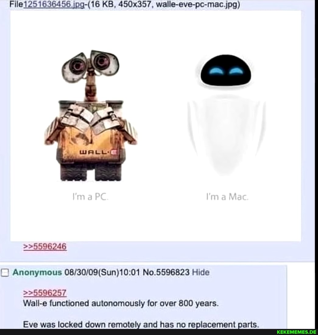 File1251636456 KB, 450x357, walle-eve-pc-mac.jpg)
PC
>>5596246
>>5596257
I'm Mac.
Anonymous No.5596823 Hide
Wall-e functioned autonomously for over 800 years.
Eve was locked down remotely and has no replacement parts.
