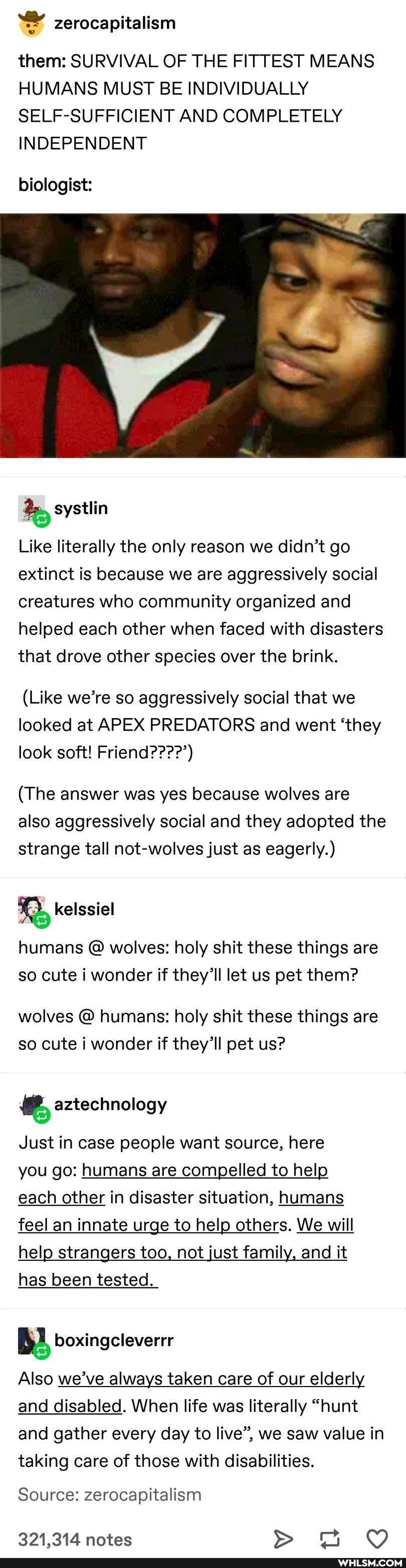 them: SURVIVAL OF THE FITTEST MEANS HUMANS MUST BE INDIVIDUALLY SELF-SUFFICIENT AND COMPLETELY INDEPENDENT
biologist:
systlin
Like literally the only reason we didn't go extinct is because we are aggressively social creatures who community organized and helped each other when faced with disasters that drove other species over the brink.
(Like we're so aggressively social that we looked at APEX PREDATORS and went 'they look soft! Friend????')
(The answer was yes because wolves are also aggressively social and they adopted the strange tall not-wolves just as eagerly.)
humans @ wolves: holy shit these things are so cute i wonder if they'll let us pet them?
wolves @ humans: holy shit these things are so cute i wonder if they'll pet us?
Just in case people want source, here you go: humans are compelled to help each other in disaster situation, humans feel an innate urge to help others. We will help strangers too, not just family, and it has been tested.
Also we've always taken care of our elderly and disabled. When life was literally "hunt and gather every day to live", we saw value in taking care of those with disabilities.
Source: zerocapitalism
321,314 notes