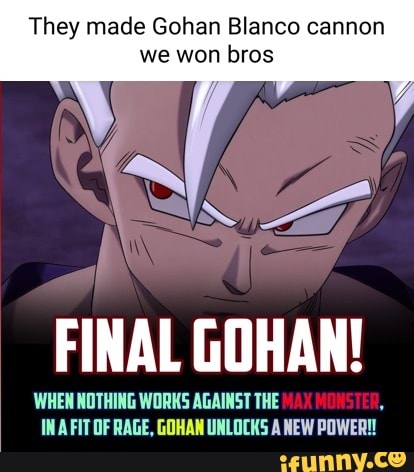 They made Gohan Blanco cannon we won bros FINAL GOHAN! WHEN NOTHING WORKS  AGAINST THE IN AFIT OF RAGE, GOHAN UNLOCKS A NEW POWER! - iFunny
