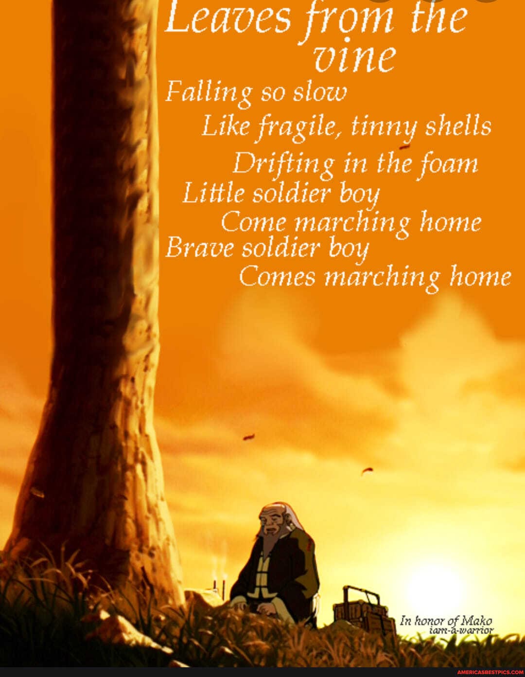 Leaves from the vine
Falling so slow
Like fragile, tinny shells
Drifting in the foam
Little soldier boy
Come marching home
Brave soldier boy
Comes marching home