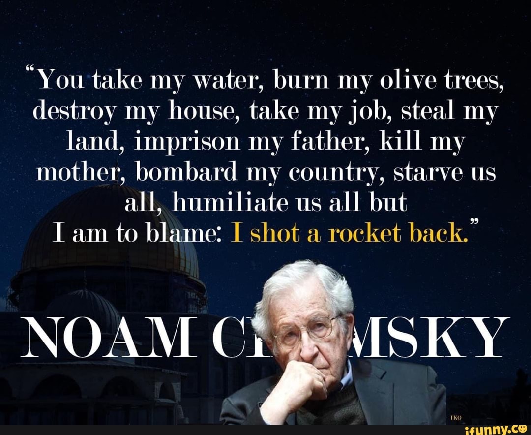 "You take my water, burn my olive trees, destroy my house, take my job, steal my land, imprison my father, kill my mother, bombard my country, starve us all, humiliate us all but am to blame: I shot a rocket back."
NOAM Ch: MISIKY