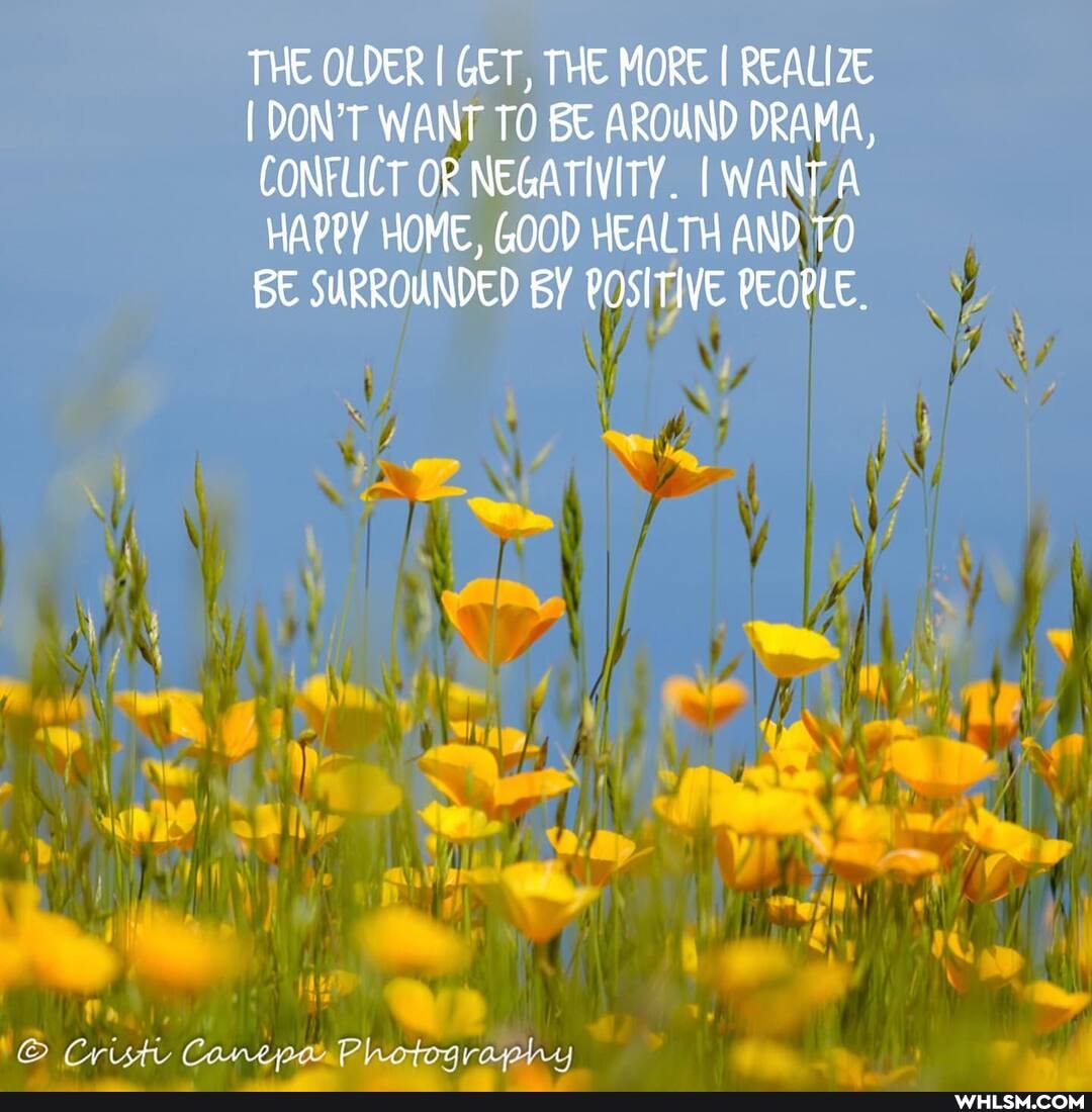 THE OLDER I GET, THE MORE I REALIZE I DON'T WANT TO BE AROUND DRAMA,
CONFLICT OR NEGATIVITY. I A HAPPY HOME, GOOD HEALTH AND TO BE SURROUNDED BY POSITIVE PEOPLE.