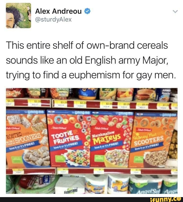 This entire shelf of ownbrand cereals sounds like an old English army Major, trying to find a