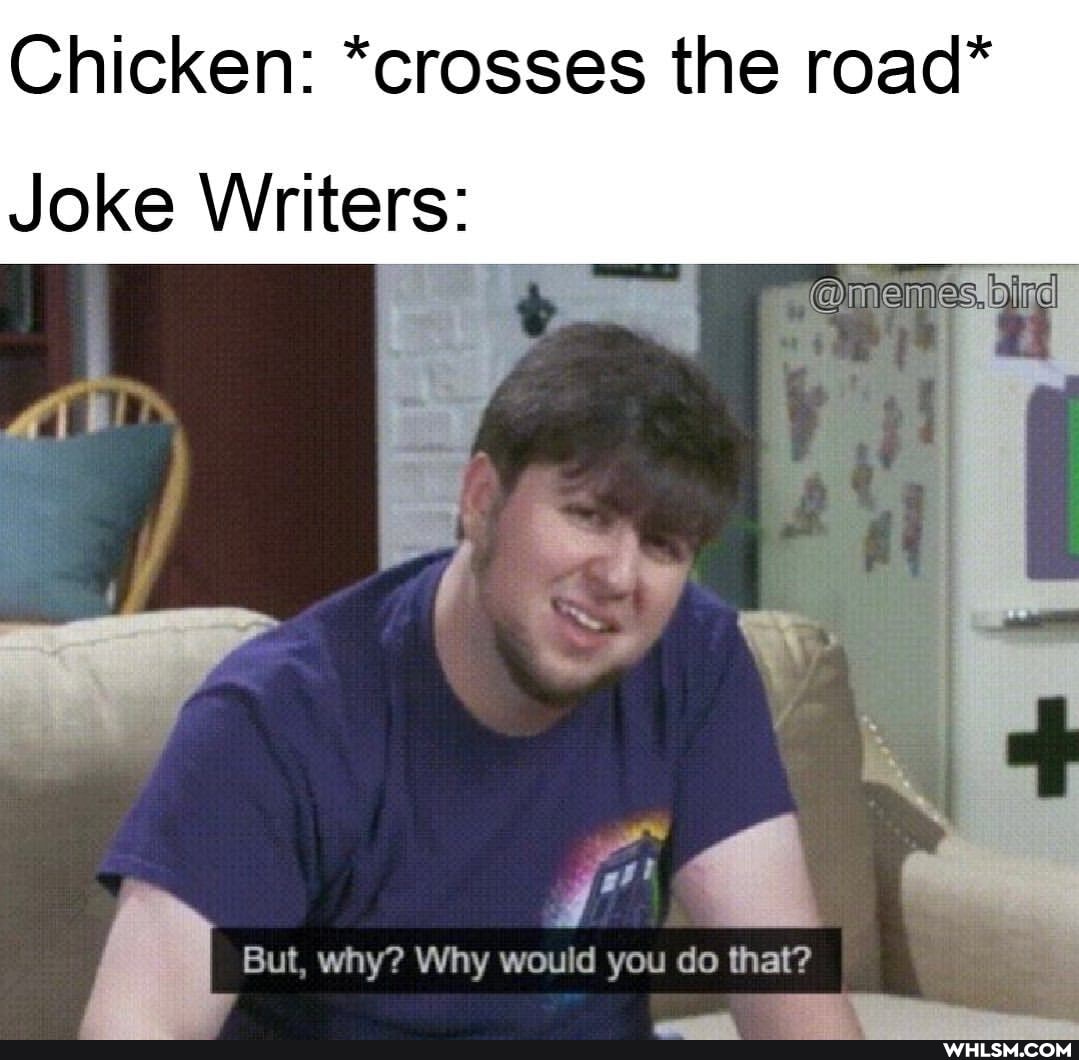 Chicken: *crosses the road*
Joke Writers:
But, why? Why would you do that?