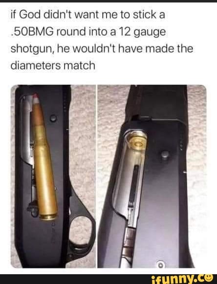 if God didn't want me to stick a
.50BMG round into a 12 gauge shotgun, he wouldn't have made the diameters match