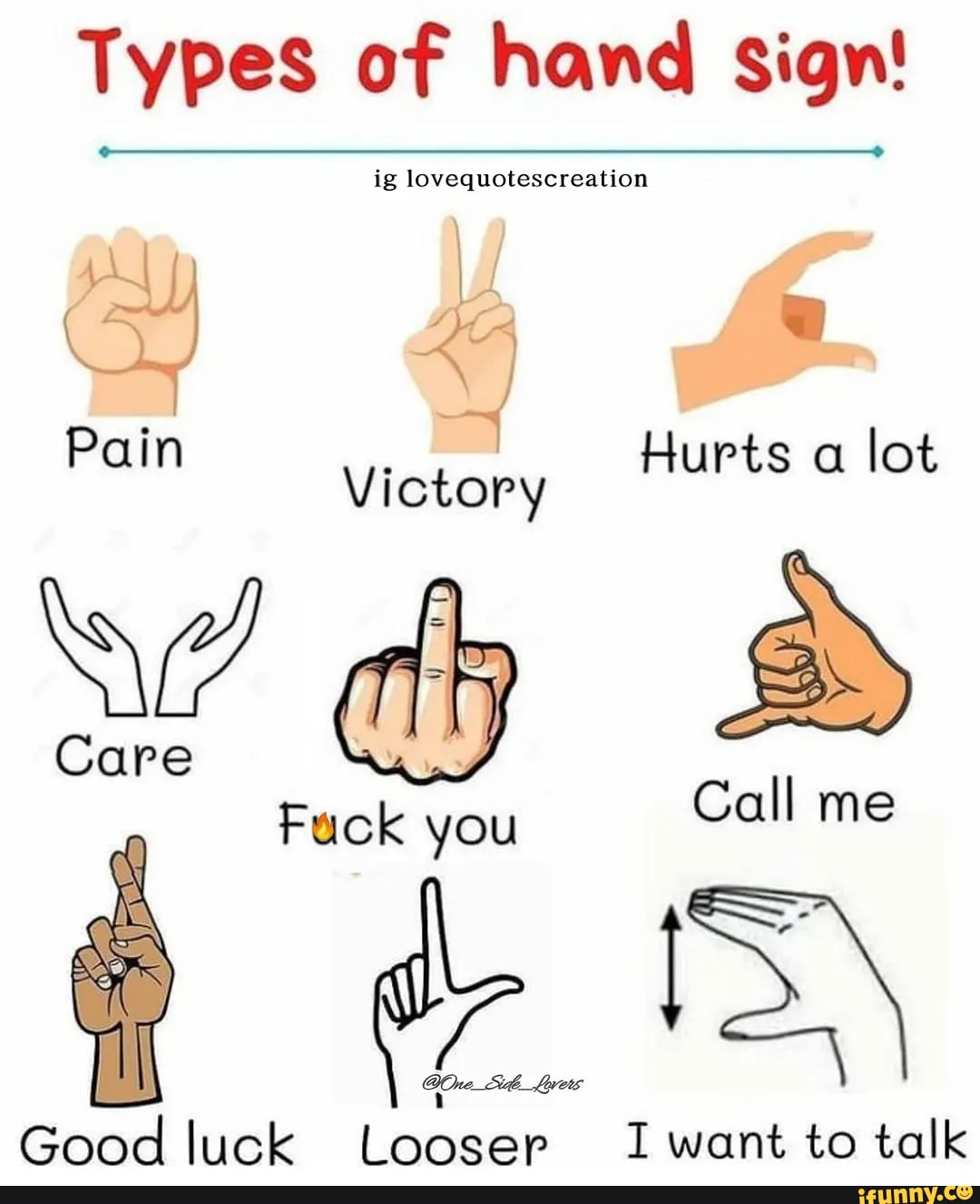 Types of hand sign! ig on Pain al Victory Hurts a lot Care Call me Good ...