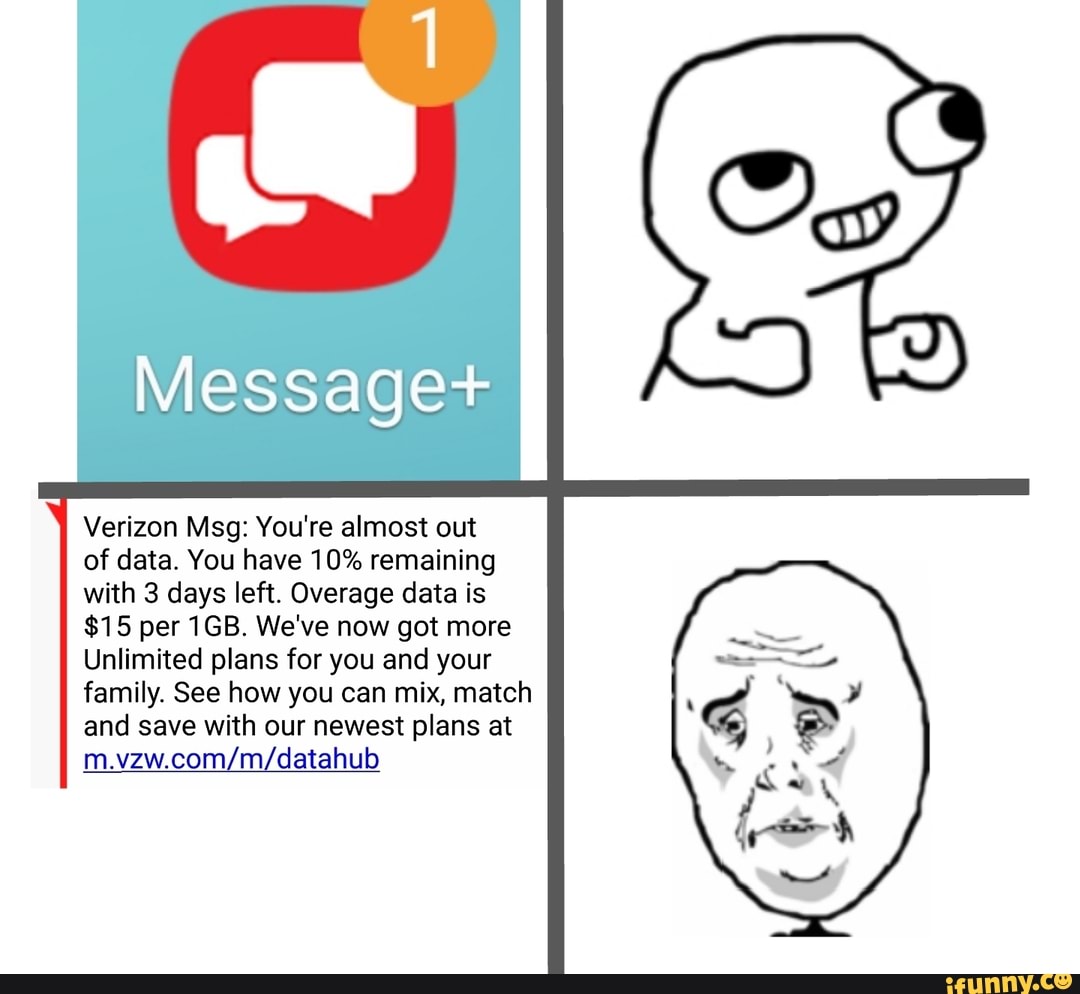 Message+ Verizon Msg You're almost out of data. You have 10 remaining