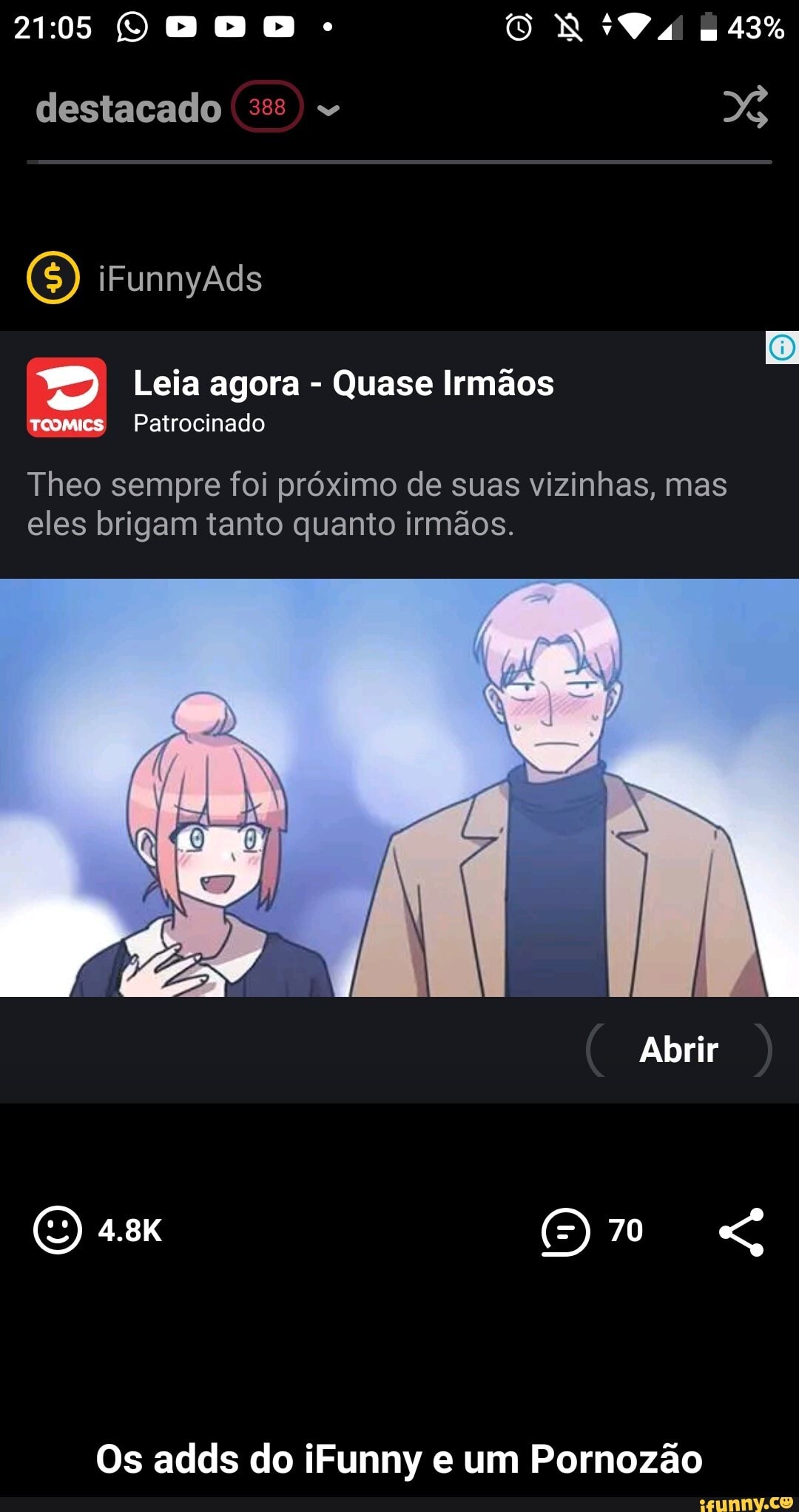 Leia agora Quase Irmãos
Patrocinado
Theo sempre foi próximo de suas vizinhas, mas
eles brigam tanto quanto irmãos. - Os adds do iFunny e um Pornozão