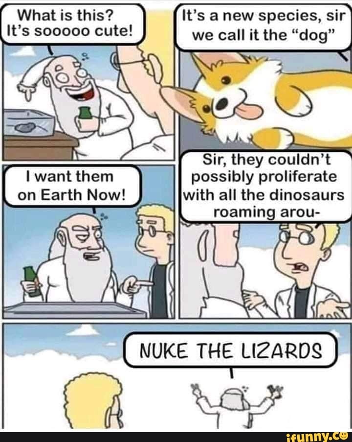 What is this?
Iwant then on Earth
anew species, sir we call it the "dog"
Sir, they couldn't possibly proliferate with all the dinosaurs
roaming arou-
NUKE THE LIZARDS
