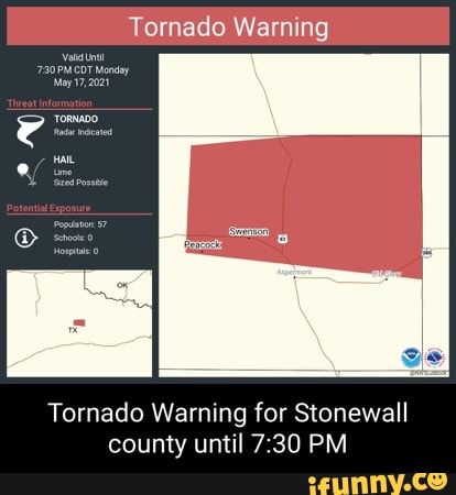 Tornado Warning
May 17,2021
Tornado Warning for Stonewall county until PM