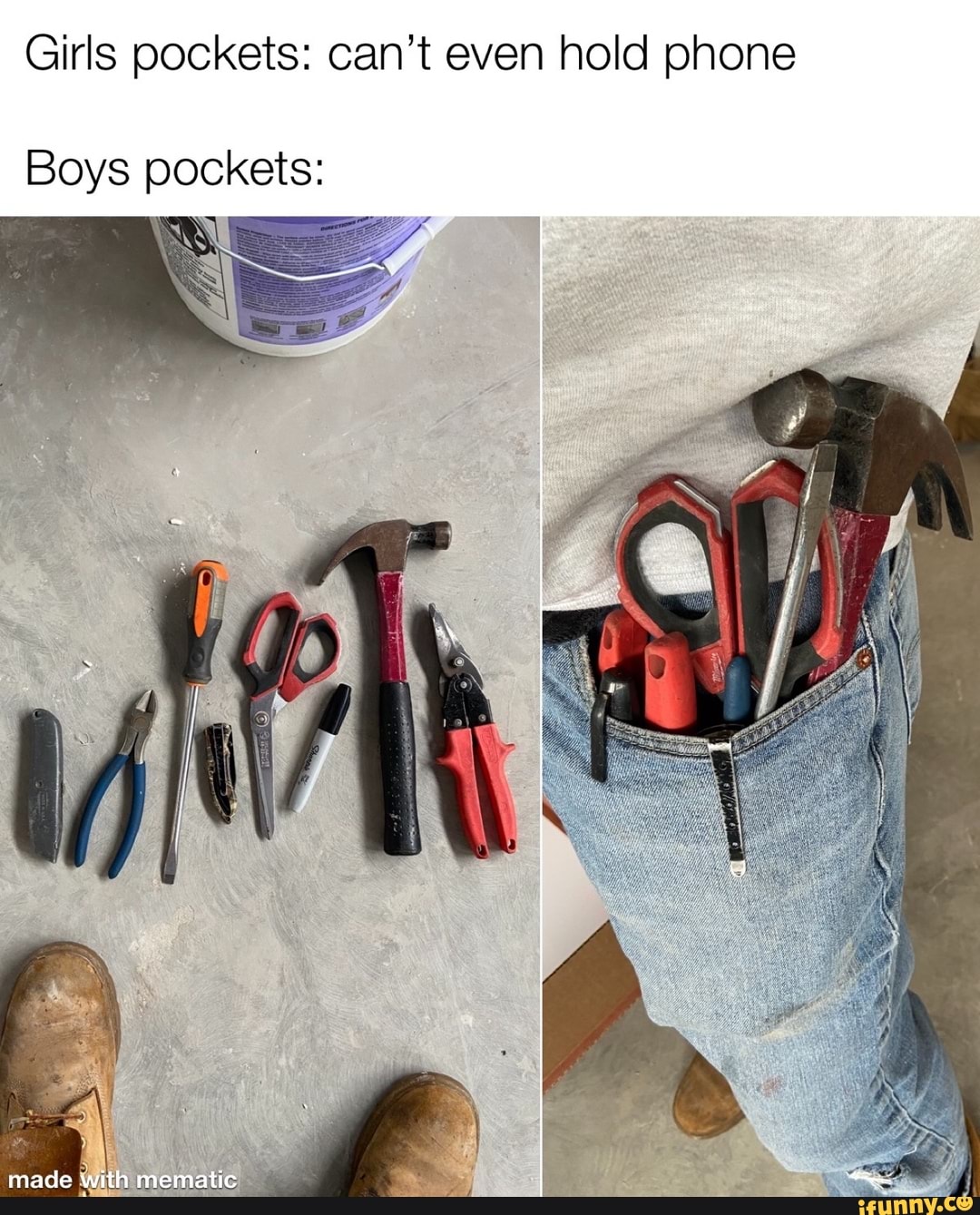 Girls pockets: can't even hold phone
Boys pockets: