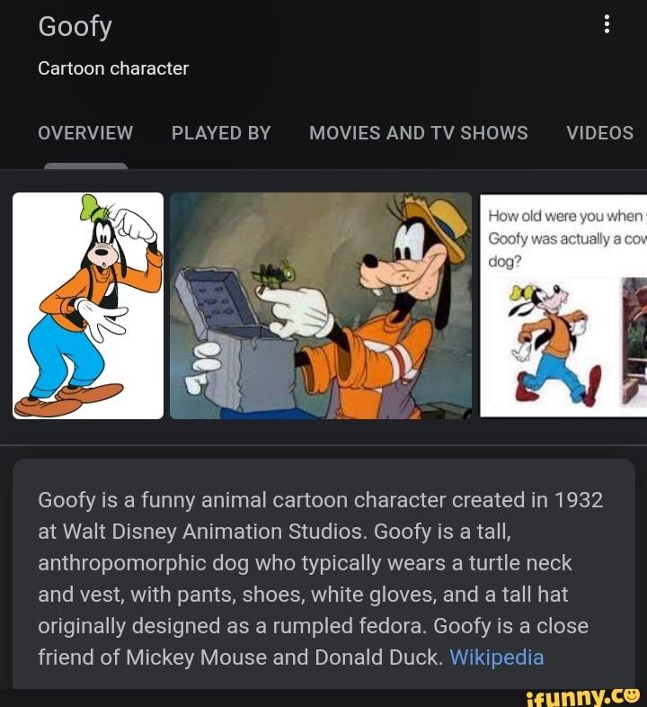 Goofy Cartoon character OVERVIEW PLAYED BY MOVIES AND TV SHOWS VIDEOS you  Goofy is a funny