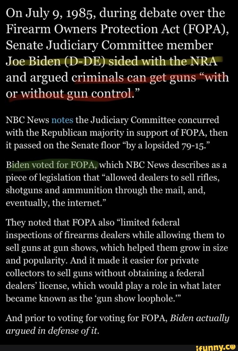 On July 9, 1985, during debate over the Firearm Owners Protection Act
