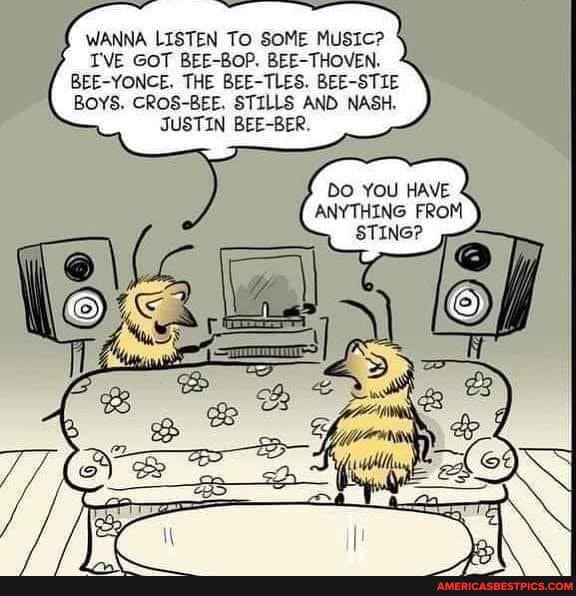 WANNA LISTEN TO SOME MUSIc?
T'VE GOT BEE-BOP, BEE-THOVEN.
BEE-YONCE. THE BEE-TLES. BEE-STIE BoYS. CROS-BEE. STILLS AND NASH,
JUSTIN BEE-BER.
DBO YOU HAVE ANYTHING FROM STING?
