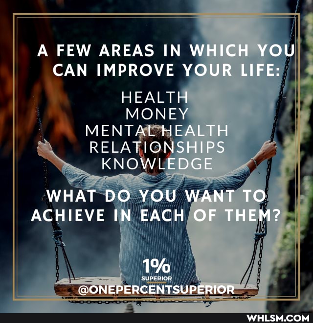 A FEW AREAS IN WHICH YOU CAN IMPROVE YOUR LIFE:
HEALTH MONEY MENTAL HEALTH RELATIONSHIPS KNOWLEDGE
WHAT DO YOU WANT TO ACHIEVE IN EACH OF THEM?
1%
@ONEPERCENTSUPERIOR