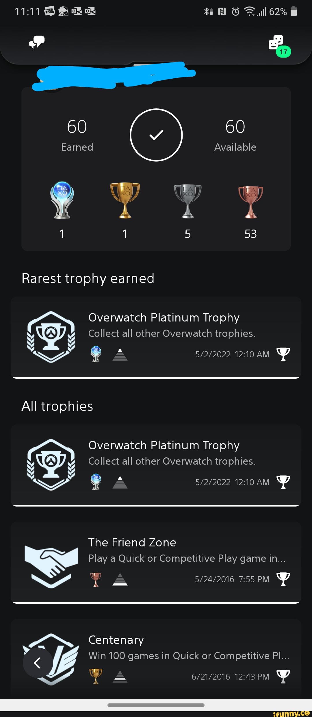 1111 62% 60 60 Earned Available 53 Rarest trophy earned Overwatch ...